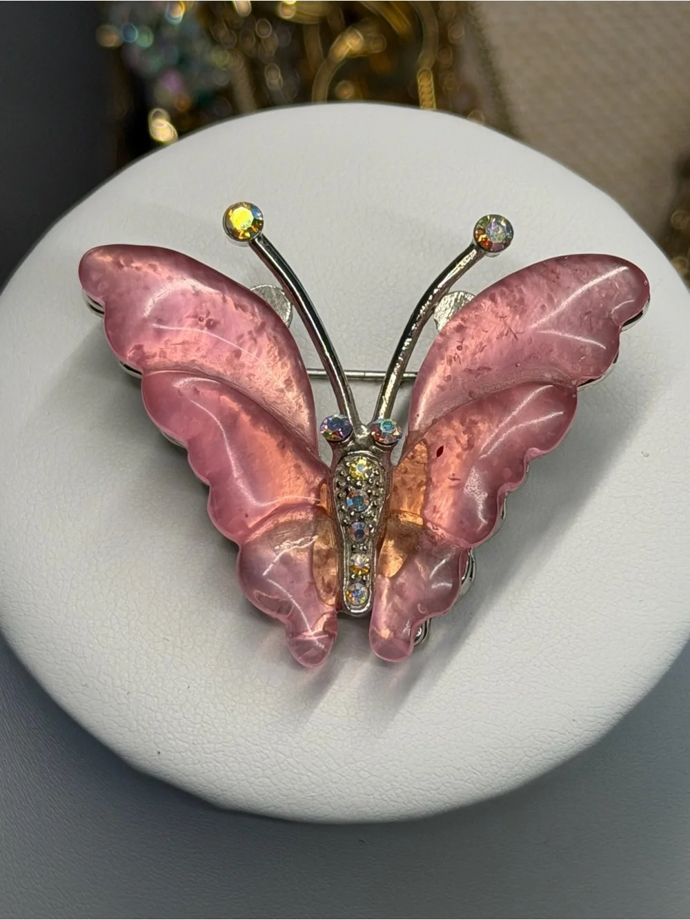 Pink Butterfly Brooch with Rhinestone Accents